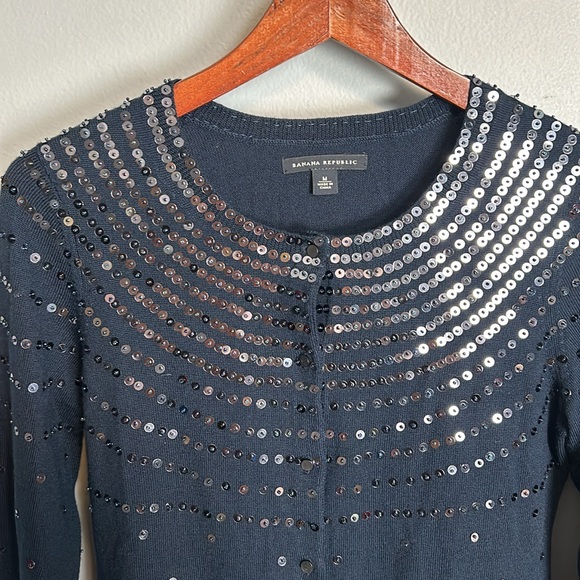 Banana Republic Navy Merino Wool Sequin Cardigan size M- like new - Picture 5 of 12